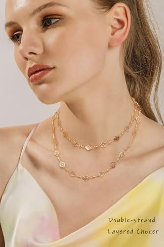 Aobei Pearl 18K Gold or Platinum Long Chain Necklace for Women Chunky Statement Chain Link Necklace Adjustable Geometric Open Chain Layering Jewelry - color: Gold Rhombus Flower Chain