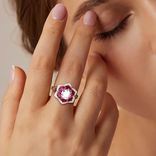 Flower Cocktail Ring for Women Stone Engagement Anniversary Rings | Sterling Silve|Hypoallergenic|Ruby|Sapphire|Emerald|Wedding and Birthday Party Women Statement Ring|Mother and Grandma Gift - color: Ruby (July)