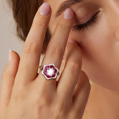 Flower Cocktail Ring for Women Stone Engagement Anniversary Rings | Sterling Silve|Hypoallergenic|Ruby|Sapphire|Emerald|Wedding and Birthday Party Women Statement Ring|Mother and Grandma Gift - color: Ruby (July)