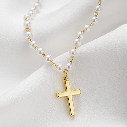 itianxi Dainty Cross Charm Pendant Necklaces,14K Gold Tiny Three Ball Necklace,Simple Fashion Jewelry for Women - color: pearl cross