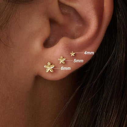 3 Pair Tiny Flat Back Earrings for Women - 14K Gold/White Gold Plated Dainty Cute Small Screw Flatback Stud Earring, Everyday Wear Gift - color: Flower Flat-4/5/6mm Gold