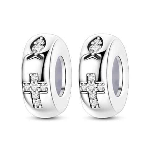 2pcs Stopper Spacer Beads for Pandora Bracelets, Sterling Silver Cross Ladybug Clip Spacer Charms For Bracelet DIY Jewelry Gift - color: Silver Cross
