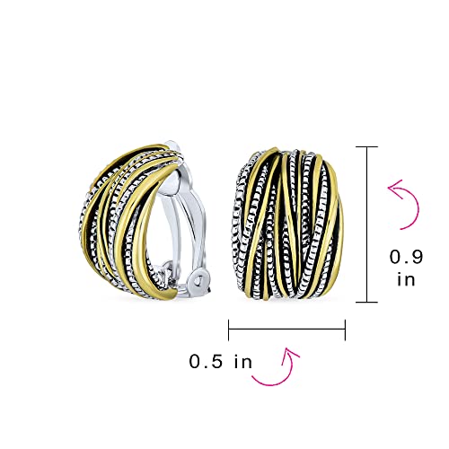 Two Tone Caviar Bead Braided Crossover Wire Clip On Earrings For Women Non Pierced Ears Oxidized Rhodium Plated 14K Yellow Gold Plated