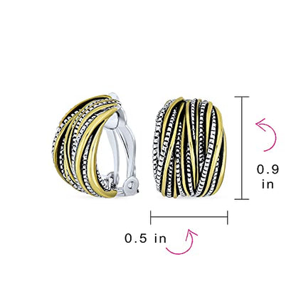 Two Tone Caviar Bead Braided Crossover Wire Clip On Earrings For Women Non Pierced Ears Oxidized Rhodium Plated 14K Yellow Gold Plated