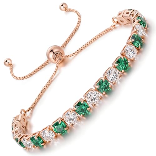 Lovans 14K Gold Plated Tennis Bracelets,White/Yellow/Rose Gold-plated Adjustable Cubic Zirconia Tennis Bracelet for Women - color: Rose Gold, size: 4MM Green