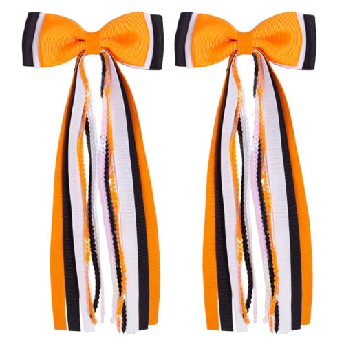 2PCS Halloween Long Tail Hair Bow Clips Grosgrain Sequins | Grosgrain Fabric, Sequin Strands, Alligator Clip with Fabric Wrap, Ponytail Styling, Halloween Party Photography Accents - color: Orange & Black