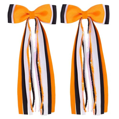 2PCS Halloween Long Tail Hair Bow Clips Grosgrain Sequins | Grosgrain Fabric, Sequin Strands, Alligator Clip with Fabric Wrap, Ponytail Styling, Halloween Party Photography Accents - color: Orange & Black