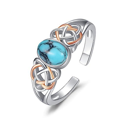 PRAYMOS 925 Sterling Silver Ring Birthstone Ring Turquoise Moss White Opal Ring for Women Celtic Knot Open Adjustable Thrumb Ring - color: green turquoise