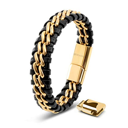 SERASAR | Premium Genuine Leather Bracelet [Steel] for Men in Black | Magnetic Stainless Steel Clasp in Black, Silver and Gold | Exclusive Jewellery Box | Great Gift Idea - color: Gold, size: 17cm