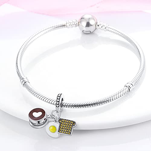 Pandach 925 Sterling Silver Charms for Bracelets and Necklaces Travel Round The World Beads Charms Relaxation Dangle Pendant,Jewelry Beads Gifts for Women - style: Coffee Poached Egg Toast Charm