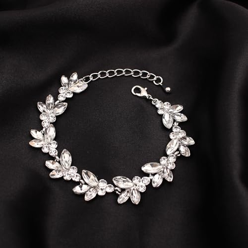 Bridal Wedding Crystal Leaf Choker Necklace Dangle Earring Bracelet Brides Bridesmaid Jewelry Set for Women - color: White-Platinum Plated