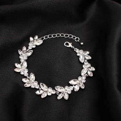 Bridal Wedding Crystal Leaf Choker Necklace Dangle Earring Bracelet Brides Bridesmaid Jewelry Set for Women - color: White-Platinum Plated