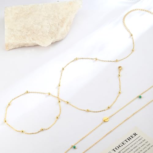 2PCS Gold Silver Waist Chain Adjustable Layered Belly Chain Body Chain Jewelry for Women Sexy Bikini Beach Boho Pearl Beaded Cuban Satellite Waist Chains - style: 2PCS-GD-Circular peacock green beads