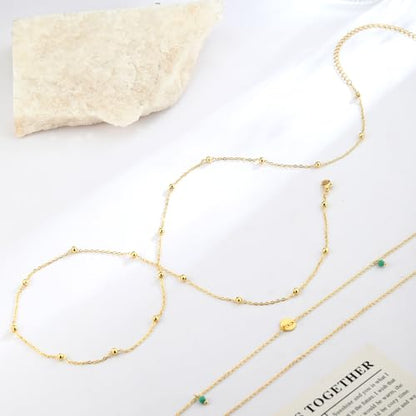 2PCS Gold Silver Waist Chain Adjustable Layered Belly Chain Body Chain Jewelry for Women Sexy Bikini Beach Boho Pearl Beaded Cuban Satellite Waist Chains - style: 2PCS-GD-Circular peacock green beads