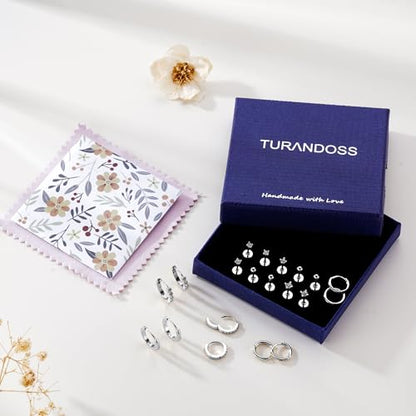 Turandoss 10 Pairs Gold Hoop Earrings for Women | 14K Gold Plated Stud Hoop Earrings, Flat Back, Cartilage Earring Stacks, Multiple Piercing, Hypoallergenic - color: Silver Plated