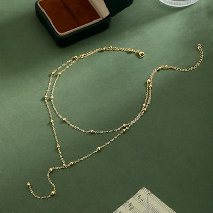 Lariat Gold Necklaces for Women Trendy Dainty Long Necklace 14k Gold Plated/Silver Layered Drop Beaded Chain Necklaces Y-shaped Pendant Necklace Simple Gold Jewelry Gifts - color: Beaded-Gold