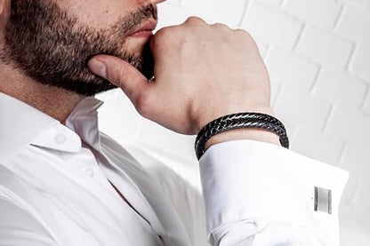 SERASAR Premium Leather Bracelet Men | Stainless Steel Magnetic Clasp | Three Colors | Jewelry Box Included - color: Silver, size: 17cm, style: Double