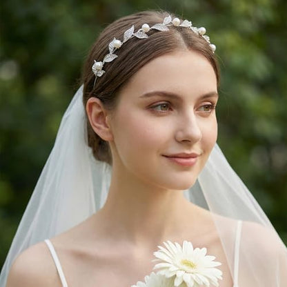 SWEETV Silver Bridal Headband, Pearl and Crystal Leaf Wedding Hair Accessories, Delicate Rhinestone Tiara Headpiece for Brides Bridesmaids Girls Prom Party
