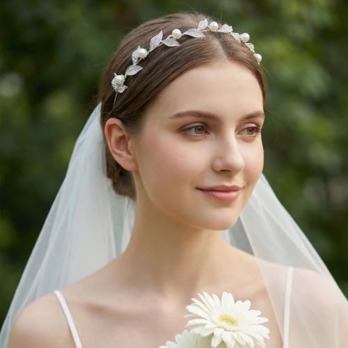 SWEETV Silver Bridal Headband, Pearl and Crystal Leaf Wedding Hair Accessories, Delicate Rhinestone Tiara Headpiece for Brides Bridesmaids Girls Prom Party