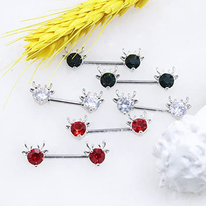 2PCS 14G 316L Stainless Steel Opal Nipple Rings Deer Head Nipple Barbell Nipple Piercings Jewelry for Women - color: Green