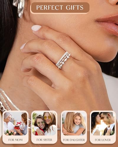 FUNEIA Stackable Silver Gold Rings for Women Non Tarnish 14K Gold Plated Thumb Cubic Zirconia Rings for Women Dainty Pinky Promise Wedding Ring Set Women's Engagement Eternity Band Rings Gold Jewelry - color: C-Silver Stackable Rings