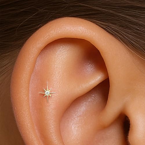 Flat Back Stud Cartilage Earrings Tragus Helix Piercing Jewelry Titanium | Conch Nose Piercing,Small Tiny Studs for Women,Threadless/Internally Threaded,Surgical Steel,Hypoallergenic,16G/18G/20G - color: Gold02-Starburst (6mm*1+8mm*1), size: Internally Th