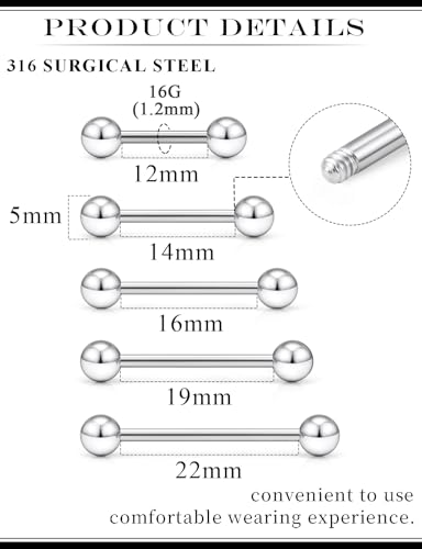 14G 16G Mix Size Tongue Rings Piercing Jewelry Stainless Surgical Steel Straight Barbell Nipple Tongue Ring Piercing Jewelry For Women Men 12MM 14MM 16MM 19MM 22MM Silver Black Gold - color: Silver, size: 16 Gauge-12MM/14MM/16MM/19MM/22MM