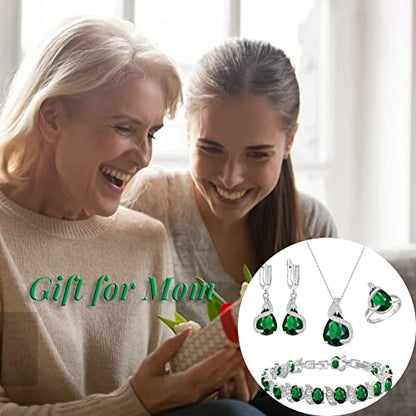GZWHD Jewelry Set for Women Water Drop Cubic Zirconia Artificial Crystal Earrings Pendant Necklace Open Ring Tennis Bracelet Wedding Anniversary Birthday Engagement Gift for Bridesmaid Wife Girlfriend Friend - color: Green