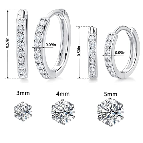 White Gold Earrings for Women Men Hoop and Stud Earring Set | Hypoallergenic 14K White Gold Plated Hoops Huggie Stud Earrings Set Round Cubic Zirconia Ear Jewelry - style: A3-White Gold-Hoop&6 Prong Round Stud (5 Pairs)