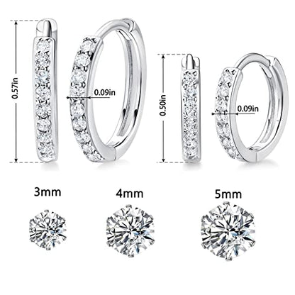 White Gold Earrings for Women Men Hoop and Stud Earring Set | Hypoallergenic 14K White Gold Plated Hoops Huggie Stud Earrings Set Round Cubic Zirconia Ear Jewelry - style: A3-White Gold-Hoop&6 Prong Round Stud (5 Pairs)