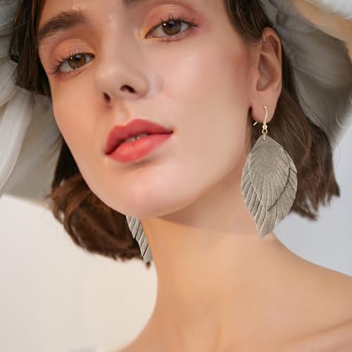 Genuine Leather Handmade Fringe Feather Lightweight Dangle Drop Earrings Teardrop Tassel Hook Earrings for Women - style: 10 Light Gray