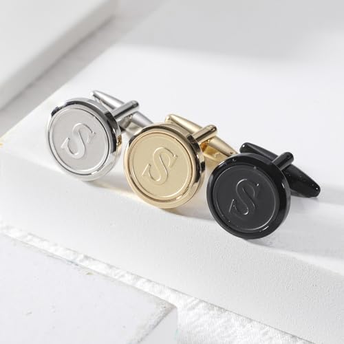 Initial Letter A-Z Cufflinks for Men Silver/Gold/Black Cufflinks 26 Alphabet Letter Copper Cufflinks for Formal Occasions Gifts Anniversary Business Wedding for Bridegroom Groomsmen - size: Gold, style: Initial: S