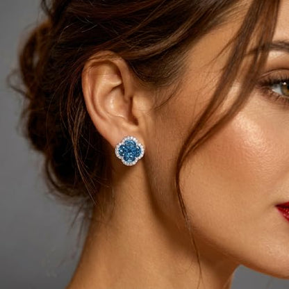Green/Blue Zircon 4-Leaf Clover Jewelry Set – Necklace, Ring, Earrings – Women's Wedding & Evening Gift for Wife, Girlfriend, Mother – Comes with Gift Box - color: Blue Earrings