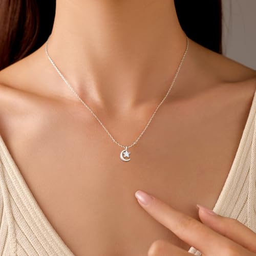 925 Sterling Silver Crescent Moon Necklace for Women | Crescent Choker Necklace 14K Gold Plated Dainty Half Moon Pendant Necklace for Mother Daughter Wedding Jewelry Gift - color: Silver-3
