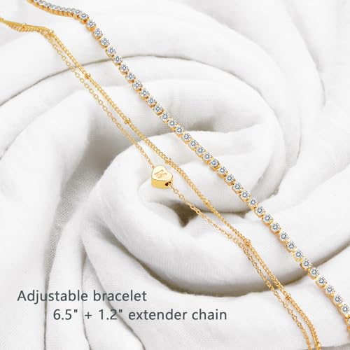 YANODA Gold Initial Bracelets for Women, 14K Gold Plated Bracelet Sets Trendy Gold Bracelet Stack Dainty Heart Letter Initial Bracelets Adjustable Tennis Bracelets Personalized Jewelry for Women - color: W