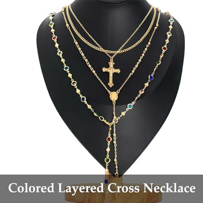Gold Cross Layered Necklaces for Women,Colorful Crystal Drop Necklace,Gold Cross Pendant Necklace Stack,Fashion Long Tassel Chest Chain Jewelry Layered Rhinestone Neck Chain Accessories - color: Gold-1