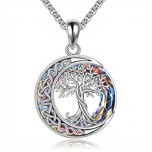 Tree of Life Necklaces S925 Sterling Silver Crystal Tree of Life Pendant Necklace Celtic Knot Moon Tree of Life Jewelry for Women Gifts - color: Volcano Crystal