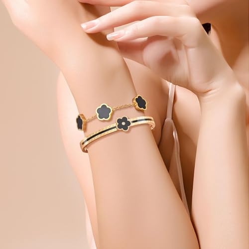 2pcs Stackable Bangle Bracelets 18K Gold Plated Lucky Clover Bracelet Stainless Steel Clover Jewelry Set Fashion Birthday Gifts for Women - color: Gold Black Stackable Bracelets