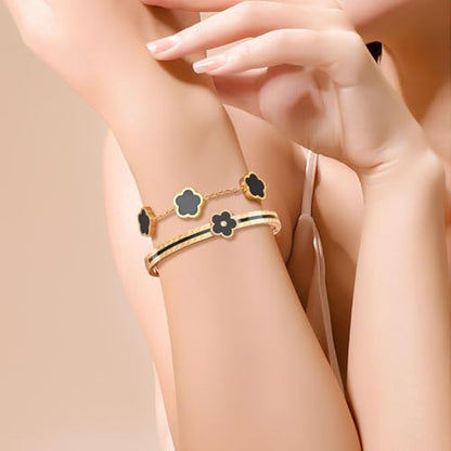 2pcs Stackable Bangle Bracelets 18K Gold Plated Lucky Clover Bracelet Stainless Steel Clover Jewelry Set Fashion Birthday Gifts for Women - color: Gold Black Stackable Bracelets