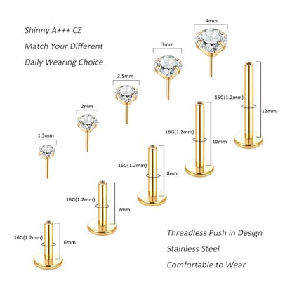 Aumeo 20G 18G 16G Threadless Push in Nose Rings Studs Surgical Steel Labret Jewelry Monroe Lip Rings Studs Medusa Ashley Piercing Jewelry for Women - color: Gold, size: 16g*6/7/8/10/12mm