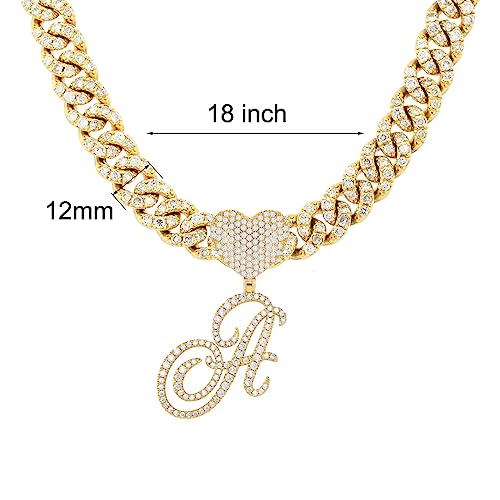 Initial Necklaces Silver Cuban Link Chain for Women Iced Out Chain with Heart Letter Pendants Custom Chain Name Necklace Hip Hop Jewelry Gift - color: A Gold