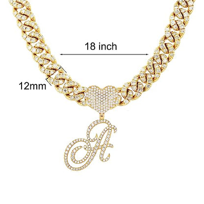 Initial Necklaces Silver Cuban Link Chain for Women Iced Out Chain with Heart Letter Pendants Custom Chain Name Necklace Hip Hop Jewelry Gift - color: A Gold