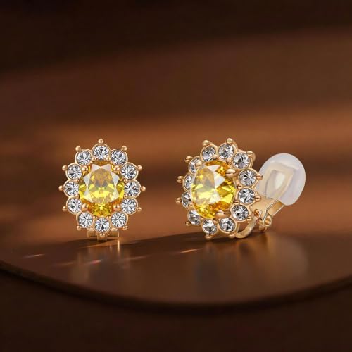 EVEVIC Oval Austrian Crystal Halo Clip On Earrings for Women | Oval Austrian Crystal with Zircon Halo,14K Gold-Plated,Silicone Comfort Pad,Gift Box Included,For Daily and Evening Events - color: Citrine