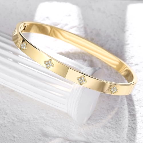 14K Gold Plated Four Leaf Clover Bangle Bracelet | Stainless Steel Lucky Love Cuff with Cubic Zirconia, Hypoallergenic Jewelry Gift for Women - color: Clover Gold-Small