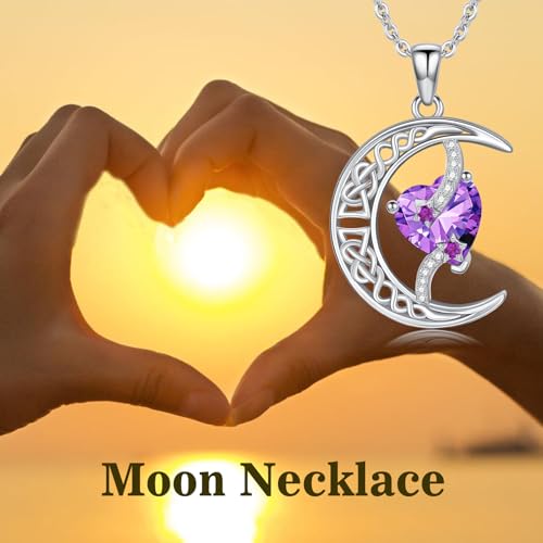 TOUPOP Moon and Star Birthstone Necklace for Women 925 Sterling Silver Celtic Moon Jewelry Birthday Mothers Day Gifts for Mom Wife Her - color: 02-February-Amethyst