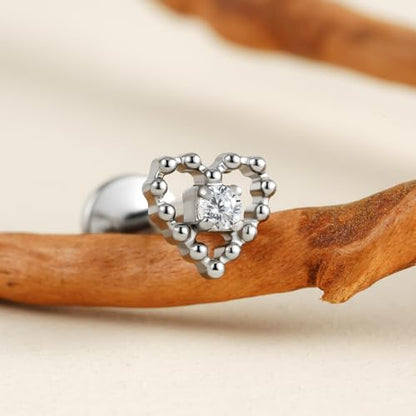 Hollow Heart Piercing Jewelry Collection - ASTM F136 Titanium Internally Threaded Flat Back Stud for Cartilage, Helix, Conch - color: Beaded heart - Tit