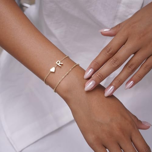 Gold Initial Bracelets for Women Trendy, Dainty Layered 14K Gold Plated Heart Letter Charm Bracelets, letter beads for name bracelets Jewelry Gifts - color: Gold-R