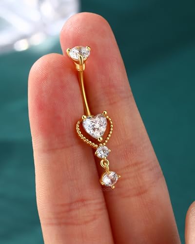 Dangle Belly Button Rings 14G Heart Belly Navel Rings for Women Surgical Steel Navel Piercing Jewelry - color: YG-10MM