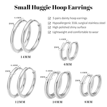 316L Surgical Steel Huggie Hoop Earrings | Dainty Pave Cubic Zirconia Cartilage Tiny Earring for Sensitive Ears Hypoallergenic Lightweight for Women Men - style: Silver,20G*6/8/10/12/14mm