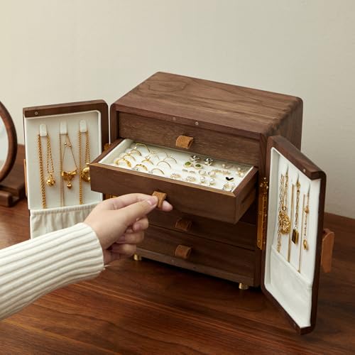 Black Walnut Wood Jewelry Box, Large | Women & Men, Velvet Lined, 5 Drawers, Hand Carved Ginkgo Leaf Handles, Double Door Wardrobe Design - size: Ginkgo leaves